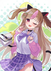  absurdres bag black_choker bow bowtie brown_hair cardigan cardigan_pull cat_tail choker collared_shirt commentary cowboy_shot earrings english_commentary female girls&#039;_frontline green_nails heart heart_earrings highres jewelry ksagi long_hair looking_at_viewer mk23_(girls&#039;_frontline) mk23_(new_term_begins_with_a_meow)_(girls&#039;_frontline) nail_polish oerba_yun_fang official_alternate_costume one_eye_closed pink_cardigan pink_nails purple_bow purple_bowtie purple_skirt red_eyes school_bag school_uniform shirt skin_fang skirt smile solo tail two_side_up very_long_hair white_shirt 