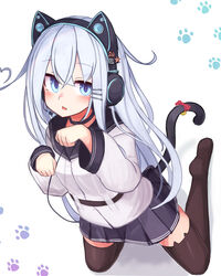  animal_ear_headphones animal_ear_legwear animal_ears axent_wear black_thighhighs blue_eyes blue_skirt cat_ear_headphones cat_ear_legwear cat_tail commentary fake_animal_ears female headphones hibiki_(kancolle) kantai_collection kneeling long_hair long_sleeves looking_at_viewer paw_pose paw_print reitou_mikan revision school_uniform serafuku skirt solo tail thighhighs verniy_(kancolle) white_background white_hair zettai_ryouiki 