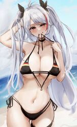  antenna_hair azur_lane bikini black_bikini breasts cleavage female flag_print german_flag_bikini hair_ribbon hand_in_own_hair large_breasts looking_at_viewer mole mole_on_breast mouth_hold multicolored_hair navel official_alternate_costume outdoors plain_64 prinz_eugen_(azur_lane) prinz_eugen_(unfading_smile)_(azur_lane) red_hair ribbon side-tie_bikini_bottom sideboob solo stomach streaked_hair swimsuit two-tone_hair underboob water white_hair 