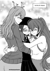  3girls antlers beret blush braid braided_bangs ceres_fauna english_text greyscale hat highres hololive hololive_english horns hug k-nashi long_hair monochrome multiple_girls nanashi_mumei ninomae_ina&#039;nis ninomae_ina&#039;nis_(casual) ponytail single_braid smile sweater turtleneck turtleneck_sweater virtual_youtuber 