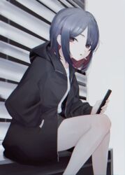  bare_legs black_jacket blue_hair cigarette colored_inner_hair controller female from_side grey_skirt hand_in_pocket highres holding holding_remote_control hood hooded_jacket jacket looking_at_viewer looking_to_the_side medium_hair migihidari_(puwako) miniskirt mouth_hold multicolored_hair open_clothes open_jacket original red_eyes remote_control shirt sitting skirt smoking solo two-tone_hair white_shirt window_blinds 