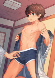  2boys :/ bare_pectorals bare_shoulders blue_male_underwear blush boxer_briefs brown_eyes brown_hair bulge collarbone hands_up highres indoors japanese_clothes kimono kneeling male_focus male_underwear multiple_boys navel nayoshi_(r-744) nipples off_shoulder open_clothes open_kimono original pectorals short_hair solo_focus striped_clothes striped_kimono touching underwear undressing vertical_stripes wide_sleeves yaoi yukata 