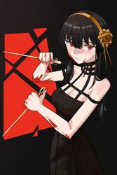  bare_shoulders black_dress black_hair blood blood_on_face blush choker closed_mouth dagger dress female hairband highres holding holding_weapon inkayea knife sleeveless sleeveless_dress solo spy_x_family weapon yor_briar 