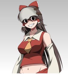  bad_id bad_twitter_id black_eyes bow breasts brown_hair burn_scar collared_shirt commentary_request cookie_(touhou) cosplay cowboy_shot crop_top detached_sleeves empty_eyes female golden_kamuy grey_background grin hair_between_eyes hakurei_reimu large_breasts long_hair looking_at_viewer midriff navel necktie noel_(cookie) ponkotsu_ryodan red_bow red_shirt red_skirt scar scar_across_eye shaded_face shirt skirt sleeveless sleeveless_shirt smile solo touhou tsurumi_tokushirou tsurumi_tokushirou_(cosplay) white_sleeves yellow_necktie 