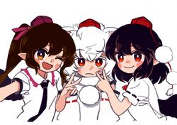  3girls animal_ears bad_id bad_pixiv_id bird_wings black_hair black_wings blush_stickers brown_eyes brown_hair cabbie_hat collared_shirt commentary detached_sleeves hat himekaidou_hatate inubashiri_momiji looking_at_viewer multiple_girls necktie one_eye_closed pointy_ears pom_pom_(clothes) raised_eyebrow red_eyes ribbon-trimmed_sleeves ribbon_trim selfie shameimaru_aya shirt sleeveless sleeveless_shirt smile tokin_hat touhou twintails v white_background white_hair white_shirt wings wolf_ears you_taira 