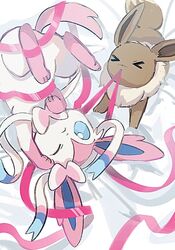  &gt;_&lt; anzu_(01010611) blue_eyes closed_mouth commentary eevee frown highres lying mouth_hold no_humans on_back one_eye_closed pokemon pokemon_(creature) prehensile_ribbon pulling ribbon sylveon symbol-only_commentary toes 