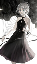  absurdres an-94_(girls&#039;_frontline) an-94_(silent_rouge)_(girls&#039;_frontline) aqua_eyes balloon bare_shoulders black_dress black_ribbon closed_mouth dress evening_gown female fingernails girls&#039;_frontline grey_hair hair_ornament halter_dress halterneck highres kir_(khw66136132) long_hair looking_at_viewer official_alternate_costume platinum_blonde_hair ribbon solo white_background 