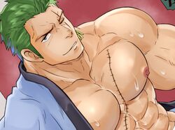  1boy abs bad_id bad_twitter_id bara bare_pectorals cropped earrings from_above green_hair hair_slicked_back japanese_clothes jewelry kimono large_pectorals long_sideburns looking_to_the_side male_focus muscular muscular_male nipples official_alternate_costume one_piece open_clothes open_kimono pectorals raineru_(gryffindor131) roronoa_zoro scar scar_across_eye seductive_smile short_hair sideburns single_earring smile solo stitches stomach sweat upper_body white_kimono 