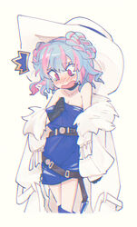  ^^^ alchemy_stars azure_(alchemy_stars) azure_(alchemy_stars)_(cosplay) bare_shoulders belt blue_dress blue_hair blush breasts cleavage coat coat_partially_removed cosplay cropped_legs dress embarrassed female fur-trimmed_coat fur_trim groin hair_rings hat highres holding holding_clothes holding_dress jl_seiko long_sleeves looking_down multicolored_hair nose_blush off_shoulder open_mouth oversized_breast_cup oversized_clothes pink_hair red_eyes short_dress simple_background solo standing strapless strapless_dress tearing_up two-tone_hair white_background white_coat white_hat zeta_(alchemy_stars) 