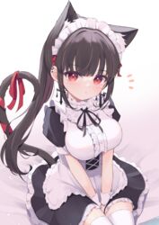  animal_ears apron black_hair breasts cat_ears cat_girl cat_tail earrings female from_above highres jewelry large_breasts long_hair looking_at_viewer maid maid_apron maid_headdress mikaze_oto original piercing red_eyes ribbon sitting solo tail thighhighs white_thighhighs 