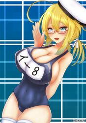  ahoge blonde_hair blue_background blue_eyes breasts cleavage commentary_request daichi_(daiti1318) female glasses hat highres i-8_(kancolle) kantai_collection large_breasts low_twintails name_tag one-piece_swimsuit peaked_cap sailor_hat school_swimsuit solo swimsuit thighhighs twintails white_hat white_thighhighs 