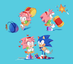  2019 amy_rose anthro badnik black_eyes blue_body blue_fur bottomwear classic_amy_rose classic_sonic classic_sonic_(universe) clothed clothing duo eulipotyphlan explosion female footwear fur gloves green_clothing green_shirt green_topwear grin handwear heart_symbol hedgehog holding_object holding_weapon machine male mammal multiple_images open_mouth open_smile orange_bottomwear orange_clothing orange_skirt piko_piko_hammer pink_body pink_fur sega shirt shoes skirt smallpanda smile sonic_the_hedgehog sonic_the_hedgehog_(series) standing tail_under_skirt topwear weapon 