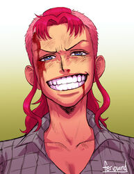  artist_name belle-m&egrave;re blood blood_on_face blue_eyes commentary english_commentary female feriowind gradient_background green_background long_hair looking_at_viewer mohawk one_piece pink_hair shirt signature smile solo teeth 