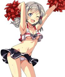  alternate_costume armpits arms_up azur_lane black_skirt blue_eyes breasts character_name cheering cheerleader clothes_writing collarbone commentary_request crop_top crop_top_overhang denver_(azur_lane) female grey_hair highres holding holding_pom_poms looking_at_viewer macaroni_hourensou midriff miniskirt navel one_eye_closed open_mouth panties pantyshot pleated_skirt pom_pom_(cheerleading) shirt short_hair short_twintails simple_background skirt sleeveless sleeveless_shirt small_breasts smile solo sweat twintails underboob underwear white_background white_panties 