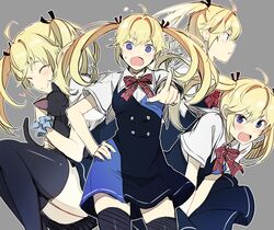  :d ^_^ animal_hug black_thighhighs blonde_hair bow bowtie closed_eyes commentary_request d: dress e_(eokiba) feline female grey_background grisaia_(series) grisaia_no_kajitsu matsushima_michiru multiple_views oerba_yun_fang open_mouth plaid plaid_bow plaid_bowtie pointing pointing_at_viewer profile purple_eyes school_uniform short_dress short_sleeves simple_background smile sweatdrop thighhighs twintails v-shaped_eyebrows wavy_mouth zettai_ryouiki 