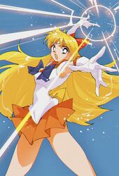  aino_minako back_bow bishoujo_senshi_sailor_moon blonde_hair blue_eyes bow brooch choker circlet commentary_request earrings elbow_gloves female gloves hairbow highres itou_ikuko_(style) jewelry leotard long_hair magical_girl official_style open_mouth orange_choker orange_sailor_collar orange_skirt pleated_skirt pochi_(askas_is_god) red_bow sailor_collar sailor_senshi_uniform sailor_venus skirt solo white_gloves white_leotard 