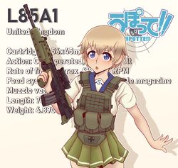  absurdres assault_rifle blonde_hair blue_eyes blush bullpup character_name chest_rig copyright_name cowboy_shot english_text female gun hair_between_eyes highres l85 l85a1_(upotte!!) rifle school_uniform serafuku short_hair solo upotte!! weapon willy_pete 