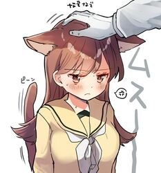  admiral_(kancolle) anger_vein animal_ears blush brown_eyes brown_hair cat_ears cat_girl cat_tail closed_mouth female gloves headpat highres kantai_collection long_hair long_sleeves motion_lines nanahamu neckerchief ooi_(kancolle) ooi_kai_ni_(kancolle) sailor_collar school_uniform serafuku simple_background solo_focus spoken_anger_vein tail upper_body white_background white_gloves white_neckerchief yellow_sailor_collar yellow_serafuku 