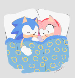  2020 :&gt; amy_rose anthro bed bedding blanket blue_body blue_fur blush closed_eyes clothing duo eulipotyphlan female fur furniture gloves grey_background handwear hedgehog male mammal on_bed one_eye_closed pillow pink_body pink_fur sega simple_background smallpanda sonic_the_hedgehog sonic_the_hedgehog_(series) under_covers 