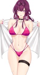  bikini black_choker breasts choker cleavage closed_mouth cowboy_shot female highres honkai:_star_rail honkai_(series) kafka_(honkai:_star_rail) large_breasts looking_at_viewer nail_polish navel noise_paper open_clothes parted_lips pince-nez purple_eyes purple_hair purple_nails shirt simple_background smile stomach swimsuit thigh_strap thighs white_background white_shirt 