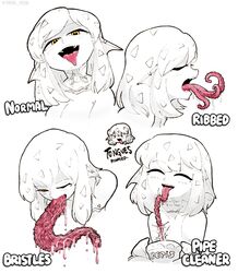  artist_name cedra_(tempura_person) closed_eyes drinking_straw english_commentary english_text female highres licking long_tongue looking_at_viewer monster_girl multiple_tongues multiple_views one_eye_closed original saliva saliva_drip simple_background tempura_person tentacle tentacle_tongue tongue tongue_out white_background yellow_eyes 