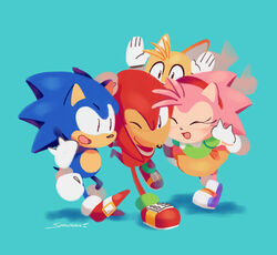  2020 amy_rose anthro black_eyes blue_background blue_body blue_fur bottomwear canid canine classic_amy_rose classic_knuckles classic_sonic classic_sonic_(universe) classic_tails closed_eyes clothed clothing digital_media_(artwork) echidna eulipotyphlan female footwear fox fur gloves green_clothing green_shirt green_topwear group group_hug hand_on_shoulder handwear happy hedgehog hug hugging_another knuckles_the_echidna male mammal monotreme one_eye_closed open_mouth open_smile orange_bottomwear orange_clothing orange_skirt pink_body pink_fur red_body red_fur sega shirt shoes simple_background skirt smallpanda smile sonic_the_hedgehog sonic_the_hedgehog_(series) tails topwear yellow_body yellow_fur 