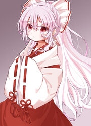  :/ absurdres alternate_costume bow commentary dress earrings female fujiwara_no_mokou hair_between_eyes hairbow hands_up highres japanese_clothes jewelry layered_dress long_hair long_sleeves multicolored_clothes multicolored_dress ofuda own_hands_together ponytail red_dress red_eyes red_ribbon ribbon ribbon-trimmed_sleeves ribbon_trim salt_(seasoning) sidelocks solo touhou very_long_hair white_bow white_dress white_hair wide_sleeves 