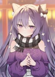  aran_sweater bare_shoulders black_bow blurry blurry_background blush bow cable_knit casual closed_mouth commentary cone_hair_bun depth_of_field female genshin_impact hair_between_eyes hair_bun hairbow keqing_(genshin_impact) keqing_(lantern_rite)_(genshin_impact) long_hair long_sleeves looking_at_viewer narusegawa_riko off-shoulder_sweater off_shoulder official_alternate_costume own_hands_together plaid plaid_scarf purple_eyes purple_hair purple_sweater scarf smile solo sweater twintails upper_body very_long_hair white_bow 