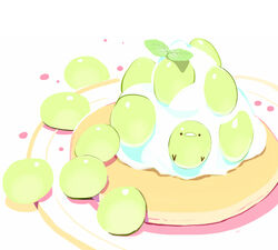  artist_name bird chai_(drawingchisanne) food food_focus fruit garnish grapes no_humans original pancake plate simple_background sweets_bird whipped_cream 