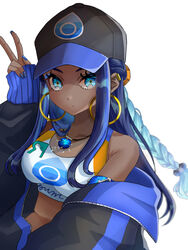  arm_up bare_shoulders baseball_cap black_hat black_jacket blue_eyes blue_hair blue_nails braid breasts collarbone commentary_request crop_top dark-skinned_female dark_skin ear_piercing earrings female hat highres hoop_earrings jacket jewelry long_hair long_sleeves medium_breasts nail_polish nessa_(pokemon) off_shoulder open_clothes open_jacket piercing pokemon pokemon_swsh setta_shu simple_background single_braid sleeves_past_wrists solo very_long_hair white_background 