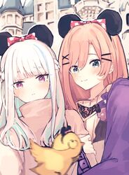  2girls :3 absurdres bad_id bad_twitter_id bird black_headwear blue_hair blunt_bangs blush bow brown_hair colored_inner_hair disneyland hair_behind_ear hair_ornament hairclip hat highres lize_helesta long_hair looking_at_viewer minnie_mouse_ears monocle multicolored_hair multiple_girls nijisanji polka_dot polka_dot_bow sebastian_piyodore shosei_(shoseikanashimi) smile suzuhara_lulu top_hat virtual_youtuber white_hair 