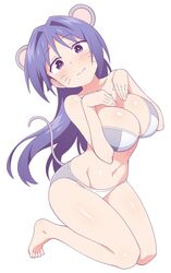  anbe_masahiro animal_ears atsumare!_fushigi_kenkyuubu barefoot bikini blue_eyes blue_hair blush breasts cleavage closed_mouth commentary_request facial_mark female frown full_body highres kneeling large_breasts long_hair looking_at_viewer mouse_ears mouse_tail navel oohara_kotone simple_background solo swimsuit tail whisker_markings white_background white_bikini 