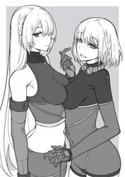  2girls ak-15_(girls&#039;_frontline) bare_shoulders bodysuit breast_press breasts covered_navel cowboy_shot expressionless girls&#039;_frontline gloves greyscale grin hair_over_one_eye highres long_hair looking_at_viewer monochrome multiple_girls nakiusagi navel rpk-16_(girls&#039;_frontline) short_hair simple_background smile spot_color symmetrical_docking 