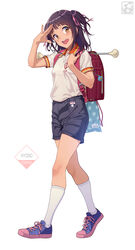  :d artist_logo artist_name backpack bag bag_charm black_hair blush brown_eyes charm_(object) clothes_writing commentary_request female full_body gym_shirt gym_shorts gym_uniform hair_ribbon highres looking_back medium_hair open_mouth original pairan photoshop_(medium) pink_ribbon purple_footwear randoseru ribbon round_teeth shirt shoes short_sleeves shorts smile sneakers solo star_(symbol) teeth two_side_up upper_teeth_only walking white_shirt 