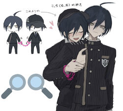  2boys :d ahoge anger_vein arrow_(symbol) black_hair black_headwear black_jacket black_pants blush breast_pocket brown_eyes buttons cowboy_shot cuffed cuffs danganronpa_(series) danganronpa_v3:_killing_harmony double-breasted dual_persona eyelashes hair_between_eyes hand_under_clothes handcuffs hug iumi_urura jacket long_sleeves magnifying_glass male_focus multiple_boys official_alternate_costume open_mouth pants pocket saihara_shuichi selfcest short_hair smile striped_clothes striped_jacket striped_pants teeth translation_request upper_teeth_only yaoi 