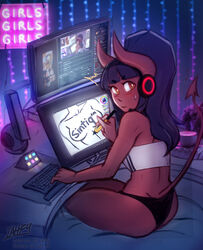  artist_self-insert at_computer bangs bare_shoulders black_hair black_panties blunt_bangs blush brand_name_imitation caught colored_skin demon_girl demon_horns demon_tail desk drawing drawing_tablet english_commentary eyebrows_visible_through_hair female from_behind headphones headset high_ponytail horns iahfy keyboard_(computer) long_hair monitor multiple_monitors neon_lights orange_eyes original panties recursion red_horns red_skin short_eyebrows sitting skin-covered_horns solo speaker strapless stylus sweatdrop synth_(iahfy) tail tubetop turning_head underwear 