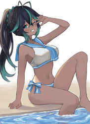  absurdres antenna_hair bikini black_hair blue_bow blue_eyes blue_sailor_collar bow breasts colored_tips commission cosplay dark-skinned_female dark_skin female ganaha_hibiki ganaha_hibiki_(cosplay) green_hair hair_between_eyes highres idolmaster kiukoma long_hair multicolored_hair navel one_eye_closed original partially_submerged ponytail sailor_bikini sailor_collar sailor_swimsuit_(idolmaster) skeb_commission striped striped_bow swimsuit two-tone_bikini two-tone_bow two-tone_hair v_over_eye water white_bikini 