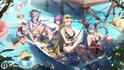  5girls ass azur_lane ball baozi bikini bismarck_(azur_lane) bismarck_zwei_(azur_lane) black_bikini blonde_hair blue_bikini blue_eyes boat breasts coral drink eyewear_on_head fish fishing_rod food green_hair grey_hair halterneck hat highres holding holding_instrument horns houston_(azur_lane) houston_ii_(azur_lane) instrument jade_(a_lick_of_summer)_(azur_lane) jade_(azur_lane) jewelry large_breasts leotard lingerie loading_screen long_hair manjuu_(azur_lane) medium_hair multicolored_hair multiple_girls necklace official_alternate_costume official_art otto_von_alvensleben_(azur_lane) otto_von_alvensleben_(hunter_becomes_hunted)_(azur_lane) paddle purple_hair red_eyes red_hair regensburg_(azur_lane) regensburg_(dark_dragon_brilliant_beach)_(azur_lane) sailor_collar sitting small_breasts snorkel_mask somehira_katsu straw_hat sunglasses swimsuit tail thigh_strap tree twintails underwear very_long_hair watercraft white_hair yellow_eyes 