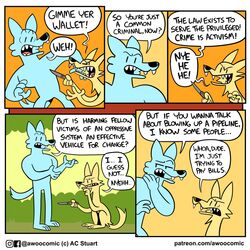  1:1 5_panel_comic ac_stuart anthro awoo_(ac_stuart) blue_body blue_fur canid canine canis cheek_tuft dialogue dot_eyes duo english_text facial_tuft fangs feral forest forest_background fur half-closed_eyes hi_res humor jeremy_(slothwolf) knife male mammal narrowed_eyes nature nature_background open_mouth open_smile orange_background plant simple_background smile speech_bubble switchblade_knife teeth text threatening tree tuft url wide_eyed wolf yellow_background yellow_body yellow_fur 