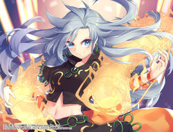  ahoge arm_ribbon black_shirt black_skirt blue_eyes blue_hair breasts bug centipede collarbone collared_shirt commentary_request cropped_shirt earrings female gradient_background himemushi_momoyo jewelry leg_ribbon long_hair looking_at_viewer medium_breasts midriff navel orange_ribbon ribbon shirt short_sleeves sidelocks skirt smile solo stomach tomobe_kinuko touhou touhou_unreal_mahjong upper_body wing_collar 