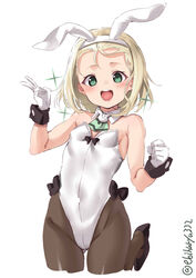  animal_ear_hairband animal_ears ascot ass_visible_through_thighs black_footwear black_pantyhose blonde_hair commentary_request cowboy_shot detached_collar ebifurya fake_animal_ears female gloves green_ascot green_eyes hairband high_heels highres i-504_(kancolle) kantai_collection leotard luigi_torelli_(kancolle) one-hour_drawing_challenge open_mouth pantyhose petite playboy_bunny rabbit_ear_hairband rabbit_ears round_teeth short_hair simple_background smile solo strapless strapless_leotard teeth twitter_username upper_teeth_only v white_background white_gloves white_hairband white_leotard wrist_cuffs 