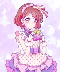  apron bow box brown_hair closed_mouth female frown gift gift_box gloves hairbow hanadera_nodoka healin&#039;_good_precure highres holding holding_bow_(ornament) kyoutsuugengo layered_skirt looking_at_viewer maid_day miniskirt polka_dot polka_dot_apron precure red_eyes short_hair skirt solo standing striped striped_bow sweatdrop swept_bangs white_apron white_gloves 