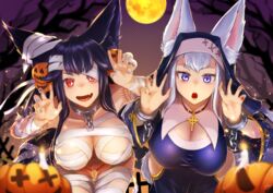  2girls animal_ears black_hair blue_eyes breasts chains claw_pose cleavage collar erune fox_ears full_moon gollizo granblue_fantasy habit halloween highres jack-o&#039;-lantern jewelry large_breasts leaning_forward long_hair metal_collar moon multiple_girls mummy_costume nail_polish nun pendant red_eyes societte_(granblue_fantasy) white_hair yuel_(granblue_fantasy) 