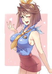  artist_name blue_shirt blush brown_hair collared_shirt cowboy_shot female hairband hand_up mazaki_anzu mibry_(phrysm) necktie one_eye_closed open_mouth pink_background pink_nails red_skirt shadow shirt shirt_tucked_in short_hair skirt sleeveless sleeveless_shirt smile solo yellow_hairband yellow_necktie yu-gi-oh! yu-gi-oh!_duel_monsters 