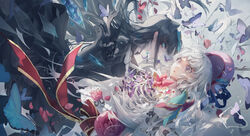  2girls absurdres animal_ears arcaea beret black_dress black_hair bone broken_glass bug butterfly cat_ears collarbone dress eye_contact face-to-face flower frilled_dress frills glass hat highres hikari_(arcaea) long_hair looking_at_another multiple_girls pink_flower red_flower tairitsu_(arcaea) white_dress white_hair wrist_(wrist0000) yuri 