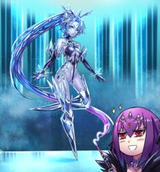  2girls :d absurdly_long_hair absurdres bare_shoulders blue_eyes blue_hair blue_skin breasts chibi chibi_inset circlet colored_skin commentary elbow_gloves elemental_(creature) english_commentary fate/grand_order fate_(series) forehead_jewel fujimaru_ritsuka_(male) genderswap_(mtf) glacies_(monster_girl_encyclopedia) gloves highres ibenz009 ice long_hair monster_girl_encyclopedia multiple_girls navel no_feet ponytail purple_hair red_eyes rule_63 scathach_(fate) scathach_skadi_(fate) small_breasts smile snowflakes transformation very_long_hair wand 