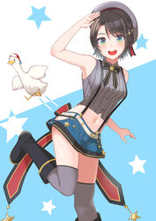  armpits backwards_hat baseball_cap belt beret bird black_bow black_bowtie black_footwear black_hair blue_eyes blue_skirt boots bow bowtie breasts crop_top duck female grey_shirt grey_thighhighs hair_ornament hat highres hip_vent hololive kiukoma knee_boots midriff navel oozora_subaru oozora_subaru_(work) open_mouth pinstripe_pattern pinstripe_shirt salute shirt short_hair skirt sleeveless sleeveless_shirt star_(symbol) striped subaru_duck suspenders thighhighs two-tone_background virtual_youtuber white_belt white_headwear 