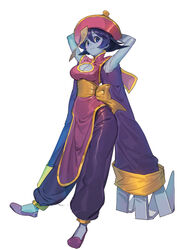  absurdres armpits arms_behind_head arms_up blue_eyes blue_hair blue_skin blush_stickers breasts chinese_clothes claws cleavage closed_mouth clothing_cutout colored_skin commentary_request female flipped_hair full_body hat highres jiangshi lei_lei looking_at_viewer medium_breasts ofuda pants purple_pants qingdai_guanmao shiny_clothes short_hair simple_background smile tanakalma turtleneck vampire_(game) white_background 