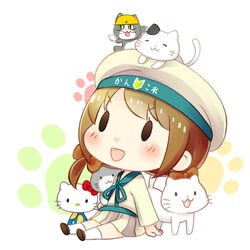  :3 :d animal blush bow brown_hair cat_day chibi commentary error_musume feline female futaba_channel genba_neko_(character) genba_neko_(meme) girl_holding_a_cat_(kancolle) hat hello_kitty hello_kitty_(character) helmet hinata_yuu kantai_collection meme open_mouth pointing polka_dot polka_dot_background ribbon sanrio school_uniform serafuku shigoto_neko shoshinsha_mark sitting smile twintails 