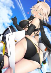  ahoge ass back bare_shoulders bikini black_bikini black_bow black_gloves black_scarf blonde_hair blue_sky blush bow breasts commentary_request day elbow_gloves fate/grand_order fate_(series) female flying gloves grey_eyes hairbow heart highleg highleg_bikini katana large_breasts layered_bikini looking_at_viewer looking_back okita_j._souji_(fate) okita_j._souji_(first_ascension)_(fate) okita_souji_(fate) open_mouth partial_commentary scarf sheath short_hair sky smile swimsuit sword thigh_strap thighs unadon weapon 